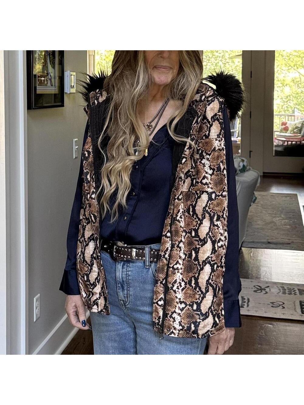 🐍 Judith March Faux-Snakeskin Hooded Vest with Black Faux-Fur Trim (M)